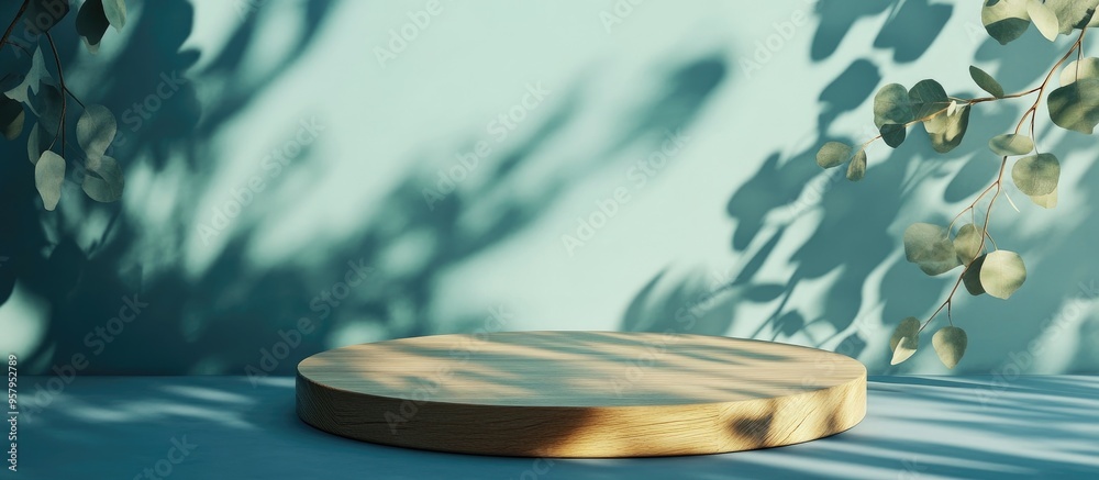 Poster Abstract wooden podium with eucalyptus leaves and shadows on a blue background Mockup display for product presentation 3D rendering Minimalistic concept Advertising template