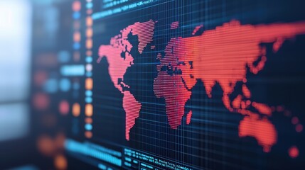 Obraz premium Futuristic Global Financial Trends Visualization with Virtual World Map Holographic Data Points in Ultra HD Quality with Copy Space