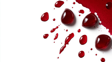 Blood splatter and drops isolated on a white background, representing the concept of occupational injury with a dramatic and stark visual impact