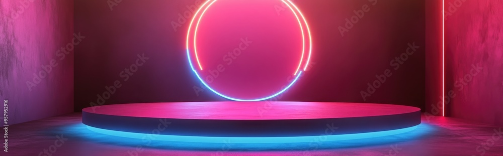 Aufkleber neon lighting in pink and blue creates a vibrant backdrop for a vacant fashion podium with a luminou