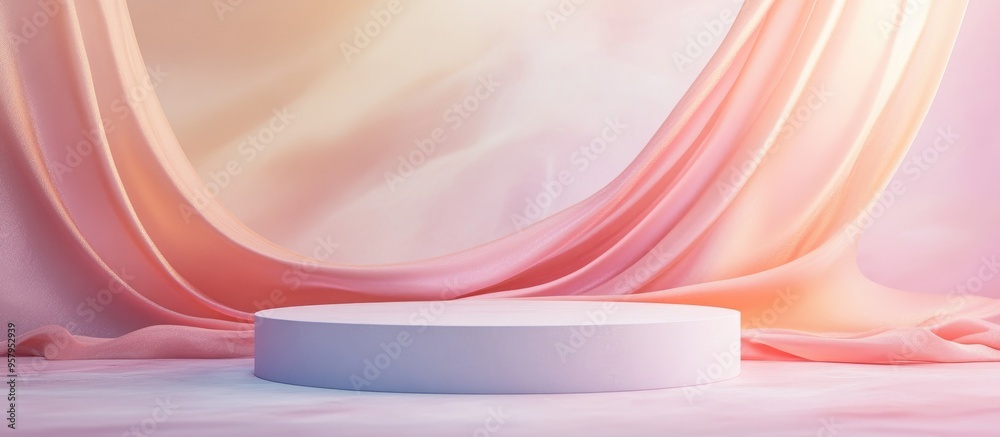 Poster abstract geometric composition featuring levitating silk and a podium against an abstract backdrop d
