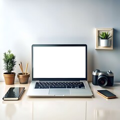 Fototapeta premium A clean. modern workspace with a laptop. camera. and a notebook.