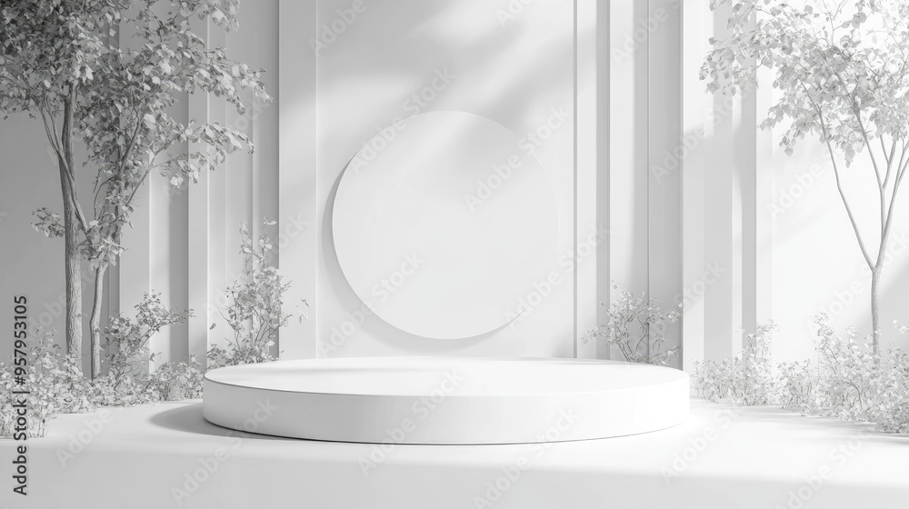 Poster Realistic 3D rendering of a round white podium stage in a white environment