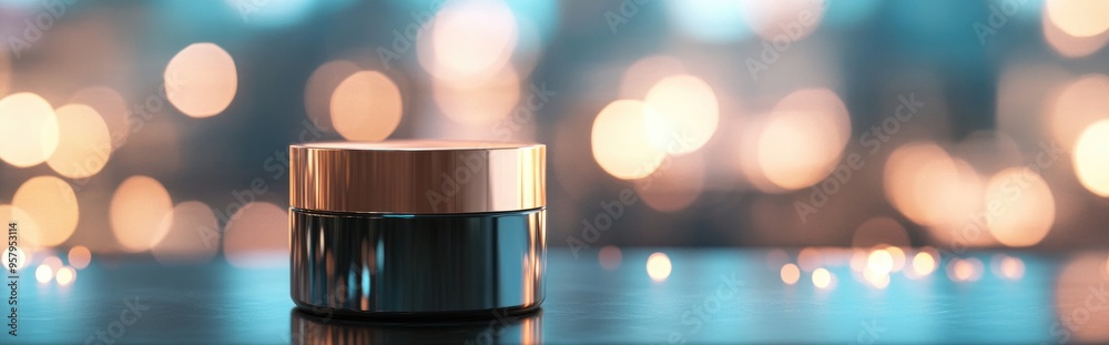Poster Empty cylinder container with a bokeh backdrop Elegant cosmetic product showcase scene 3D rendering