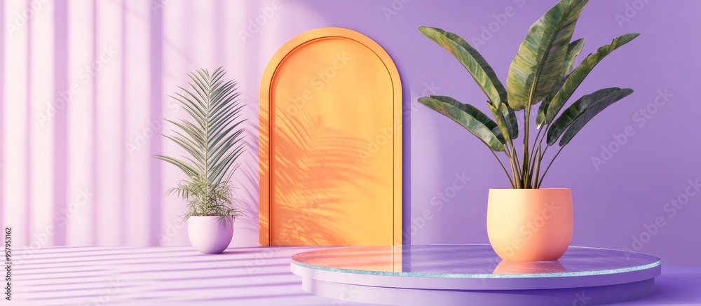 Poster peach fuzz is the trend color for 2024 featuring an abstract podium with a door sunshade and tropica