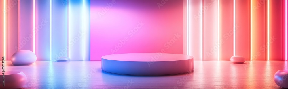 Poster illuminated podium wall with reflections neon glass elements blurred geometric shapes futuristic des