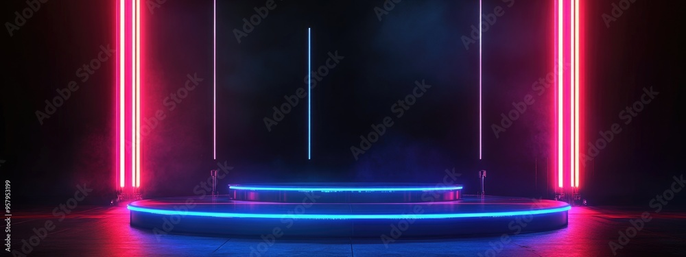 Poster neon lights and glowing beams on a futuristic podium in a sci fi cyber dance stage with a dark backg
