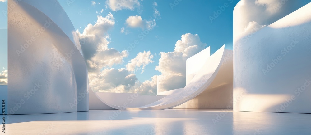 Poster Surreal 3D render featuring minimal white architecture geometric shapes and an abstract design showcasing a futuristic scene with panoramic elements blue sky and clouds including ample copy space
