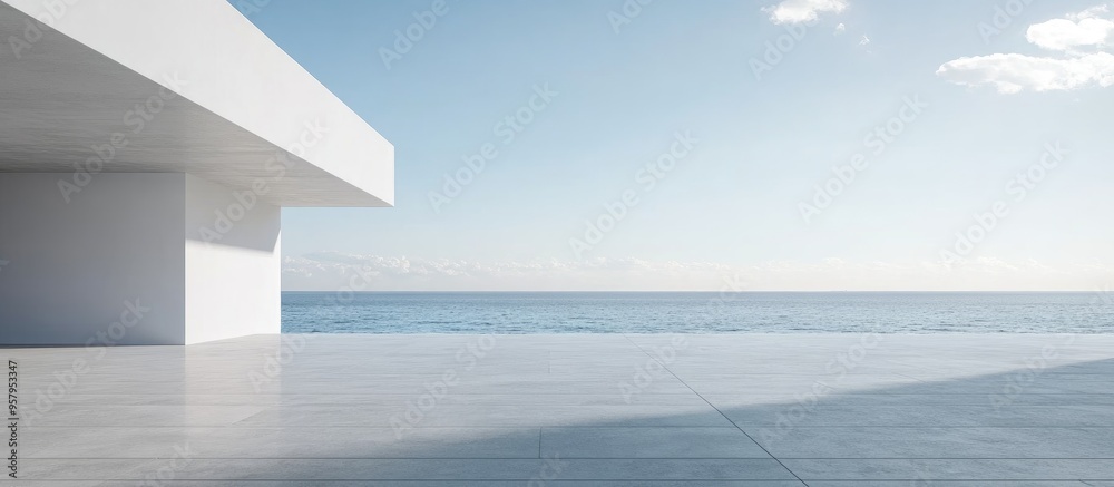 Aufkleber Empty gray concrete floor in minimalist architecture 3D rendering of an abstract white structure with a backdrop of beach and sea