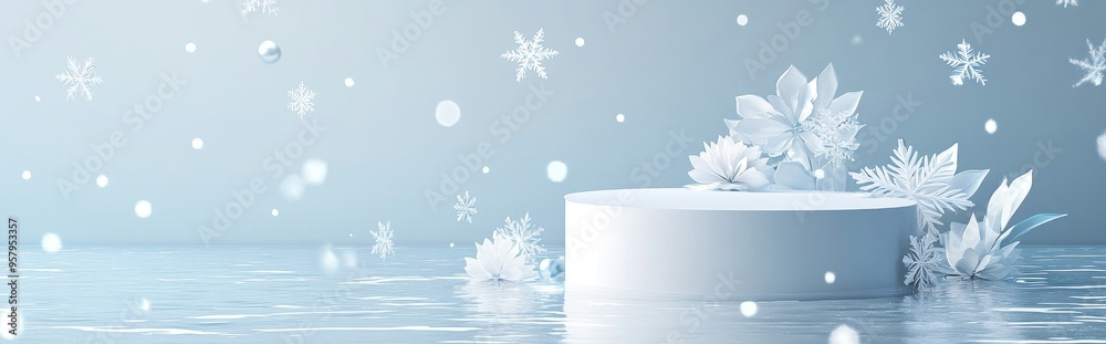 Poster Minimalistic product display for festive events White podium adorned with snowflakes against a watery backdrop 3D rendered illustration with included clipping path for each component