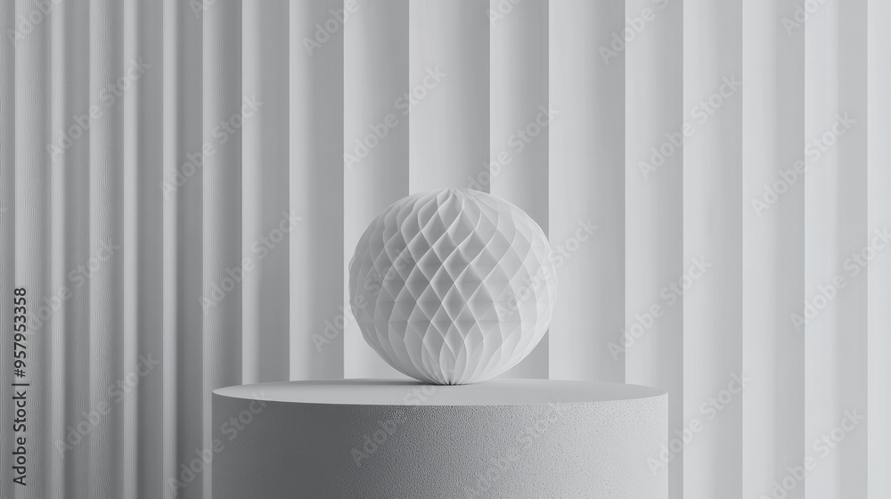 Poster Minimalist abstract background for product display featuring a grey paper honeycomb ball on a grey podium 3D rendered illustration