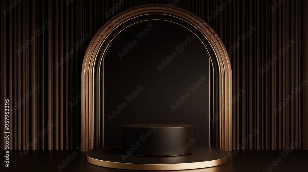Poster dark brown 3d rendered cylinder podium with golden accents featuring a minimalistic composition and 