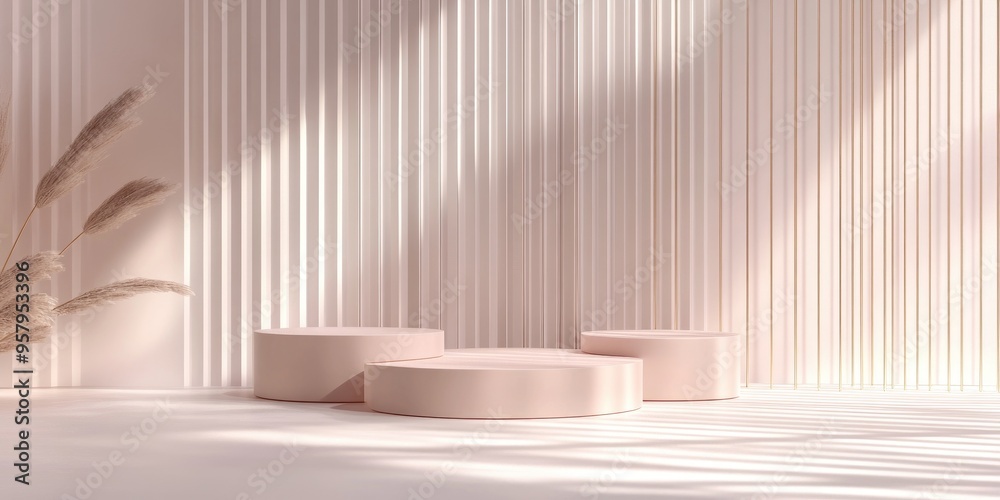 Poster Light pastel lavender pink 3D rendering featuring a simple product display with three podiums and a minimal background composition accented with golden lines ideal for showcasing luxury items
