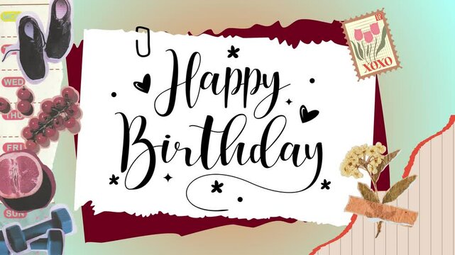 Happy birthday greeting card video dominated with red and orange colors on a gradations of green and orange color background