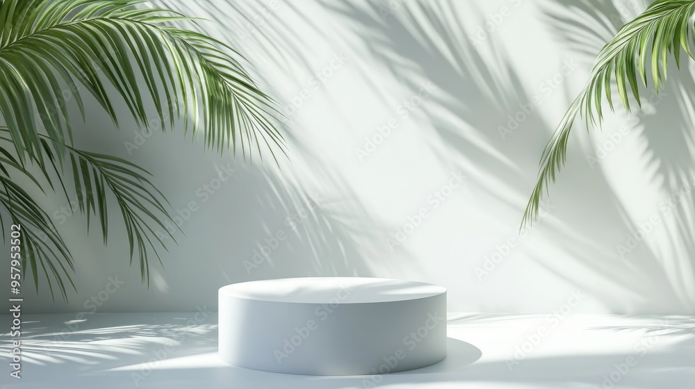 Poster white blank cylindrical podium or pedestal for product display with palm leaf shadows summer theme 3