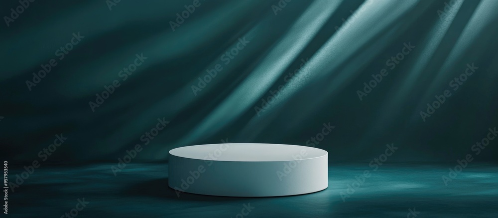 Poster Minimal 3D Render of a White Cylinder Podium on an Abstract Dark Teal Background with Triangular Light Highlighting the Product