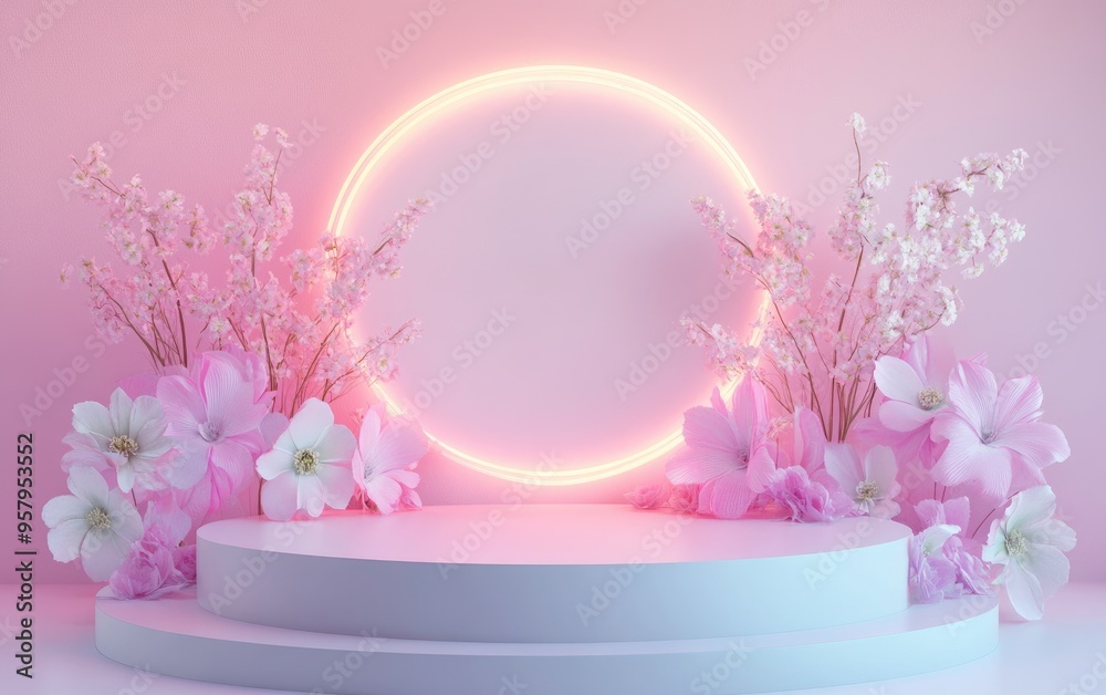 Poster Cosmetic display stand with flowers on a pastel background 3D rendering design
