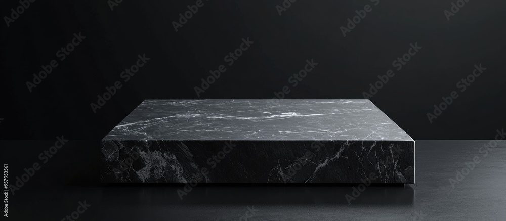 Poster Minimalistic black background featuring a blank square marble stone podium as an abstract 3D geometric object ideal for product showcasing and 3D rendering