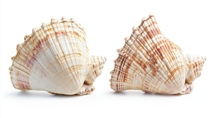 Obraz premium Both sides of a sea shell displayed against a white background, showcasing the intricate patterns and natural beauty of the shell from different angles