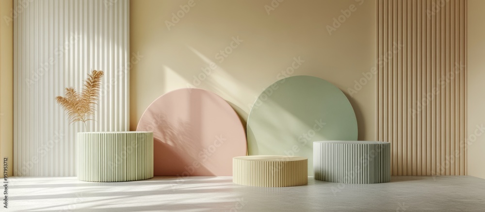 Poster Abstract geometric shapes with pastel colors in a minimal design for product display podium 3D render