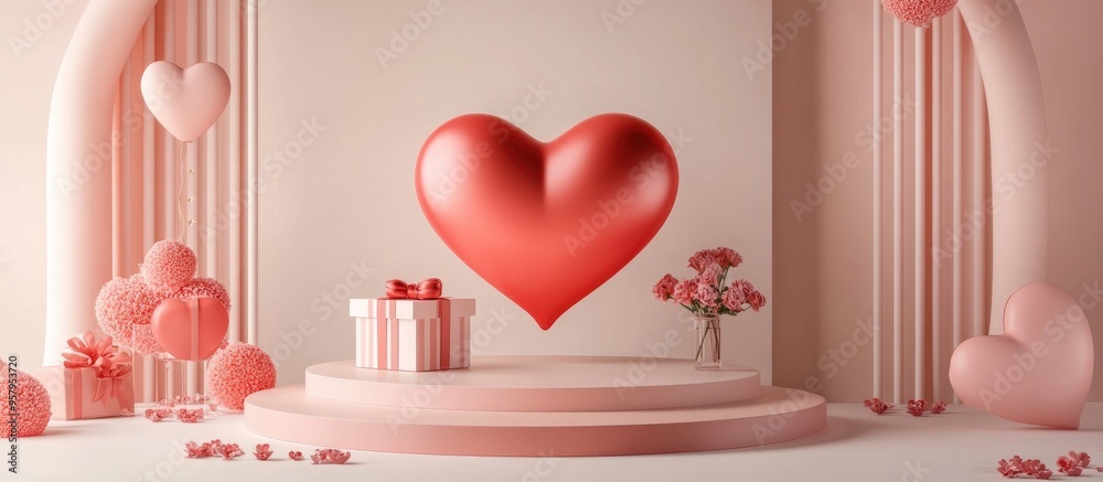 Poster valentine s day podium setup featuring a heart shaped 3d design and a gift box for product display 3