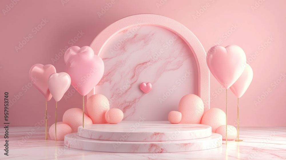 Poster pastel marble podium with heart decorations backdrop 3d rendering