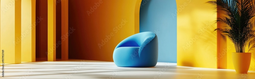 Poster Blue product display in a bright yellow space studio setup for minimalistic design 3D visualization
