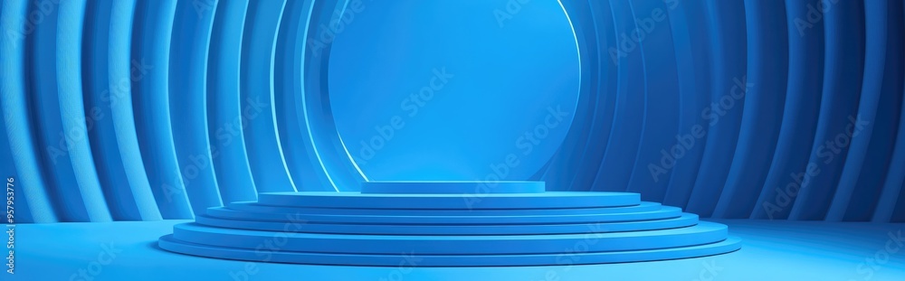 Poster abstract blue geometric background featuring a podium in a contemporary style 3d rendering
