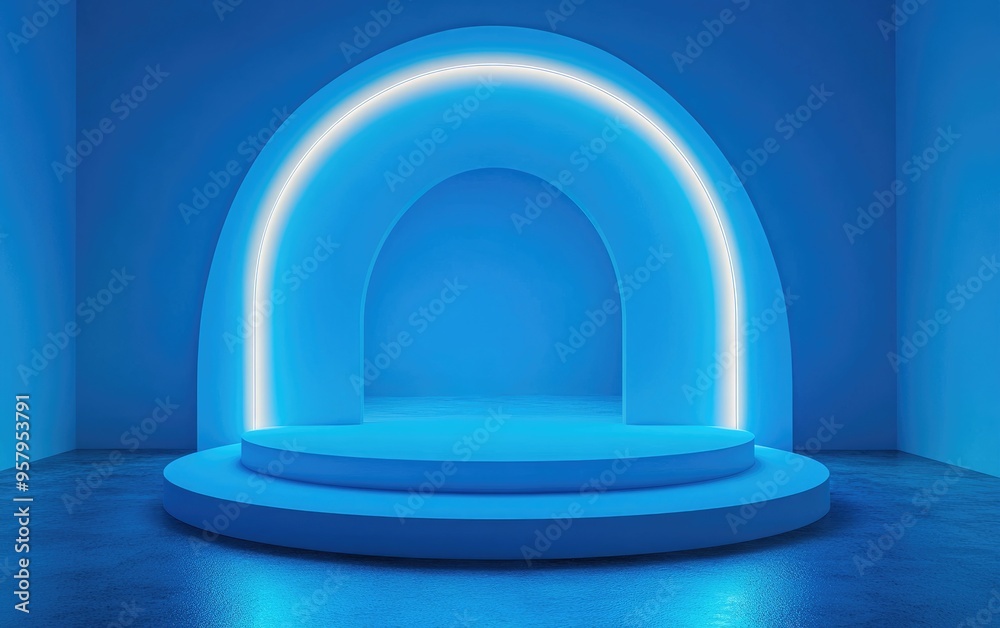 Poster Blue podium for mockup presentation in minimalist style with ample copy space 3D rendered abstract background design