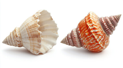Obraz premium Both sides of a sea shell displayed against a white background, showcasing the intricate patterns and natural beauty of the shell from different angles