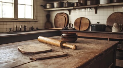 Vintage Kitchen Essentials with Rustic Wooden Rolling Pin and Cutting Boards