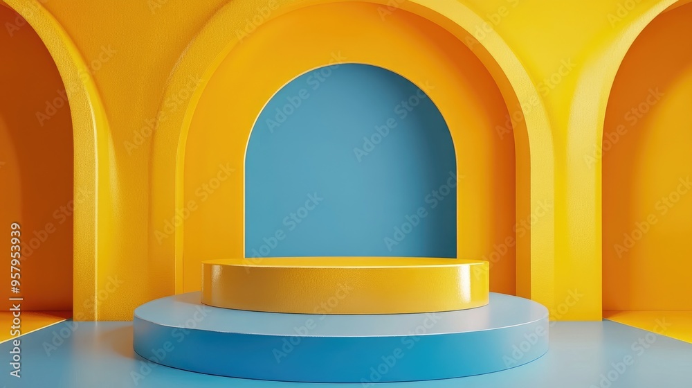 Poster Blue podium against a yellow abstract backdrop 3D render graphic design