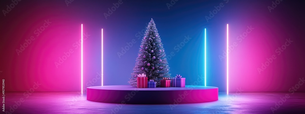 Aufkleber Christmas tree and gift box design for holiday decoration mock up podium for product display abstract minimal concept showcase geometric background 3D rendering