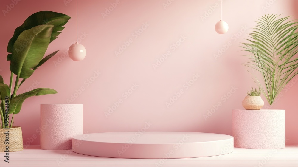 Poster Premium podium and stand with a pastel light pink background 3D rendering layout featuring a geometric cube composition