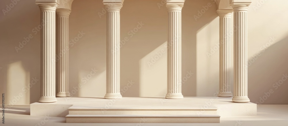 Aufkleber Product display podium with antique beige columns resembling ancient Greek architecture designed for object placement in a 3D rendering