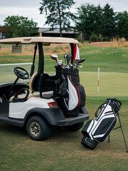 Naklejka premium Golf cart loaded with clubs parked next to a tee