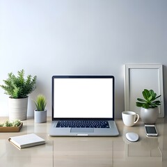 Obraz premium Clean and minimalist mockup of a laptop with a blank screen. perfect for showcasing website designs. app interfaces. or product presentations.