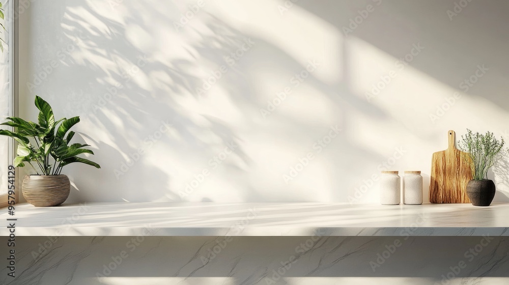 Poster Empty countertop backdrop for business presentations featuring a 3D render studio photography perspective an empty product display with a white background and ample copy space as well as a banner