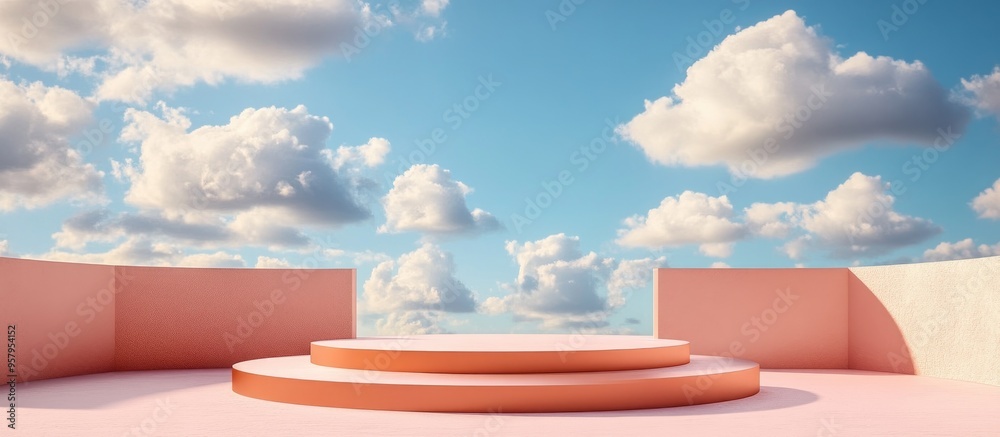 Poster Podium stage displayed against a peach background featuring blue sky and clouds in a sunny setting 3D render