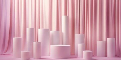 Fototapeta premium White cylinder boxes arranged against a pink curtain backdrop for product showcasing 3D rendering Luxurious setting