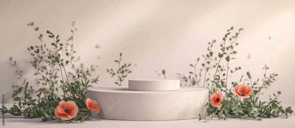 Poster premium podium and concrete stand against a pastel light background adorned with natural foliage and