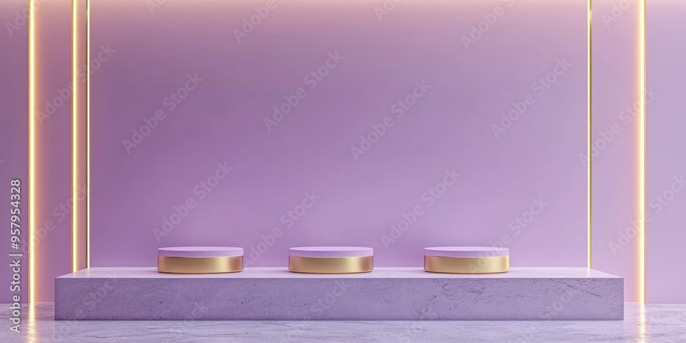 Poster Light pastel lavender pink 3D rendering featuring a simple product display with three podiums and a minimal background composition accented with golden lines ideal for showcasing luxury items