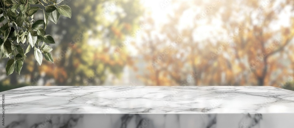 Poster White stone marble tabletop with a blurred abstract background ideal for showcasing or displaying products