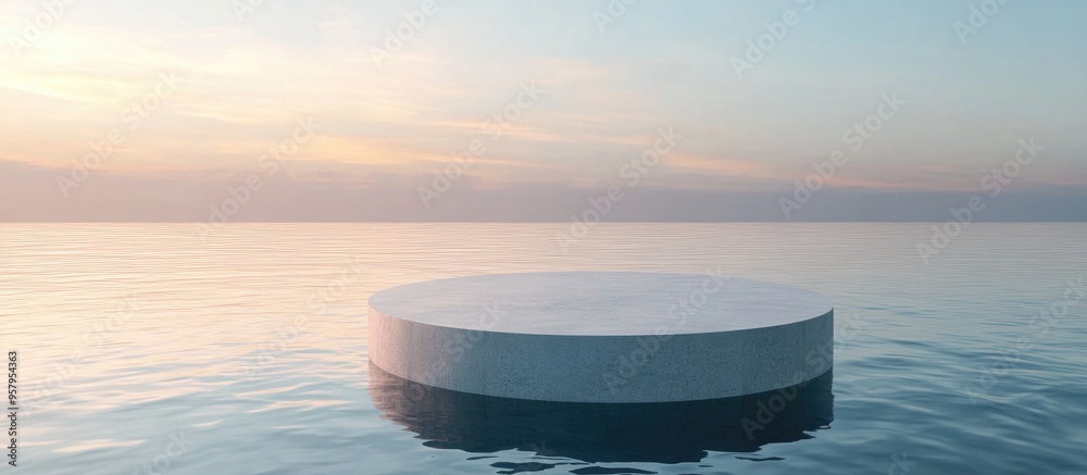 Poster Abstract circular podium in water for product showcasing Round display stage in an outdoor 3D rendering 8k background illustration
