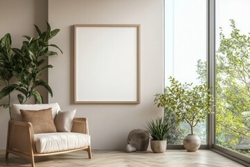Fototapeta premium Poster Frame in Beige minimalist living room interior created with generative AI