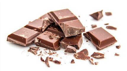 Broken pieces of a chocolate bar falling against a white background, capturing the rich, textured details and the dynamic movement of the scattered chocolate