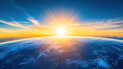 Obraz premium Earth Viewed from Afar with the Sun Behind It: A Stunning Image of Earth Captured from Miles Away, Featuring the Sun in the Background. 