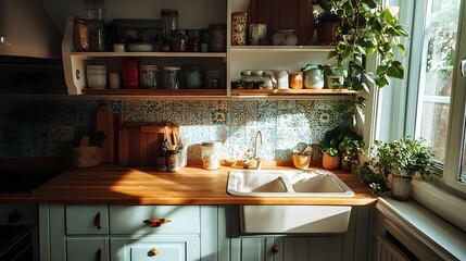 Vintage Kitchen with Classic Ceramic Sink and Wooden Countertop