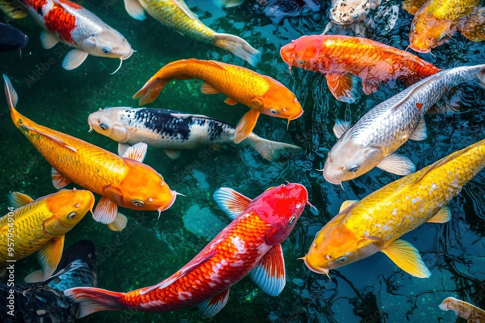 Poster Colorful Koi Fish Swimming in a Pond