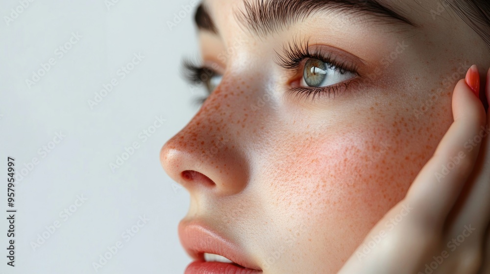 Canvas Prints Close-up of a young woman's face with freckles, looking to the side. Her hand is resting on her cheek.